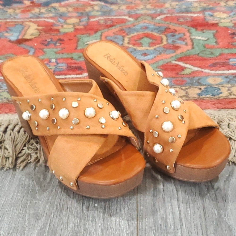 Bella Marie Chunky Heel Jeweled Slides